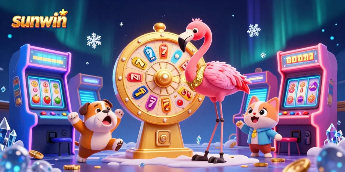 Engaging sunwin gaming scene featuring vibrant slot machines, a flamingo host, and a bulldog contestant.