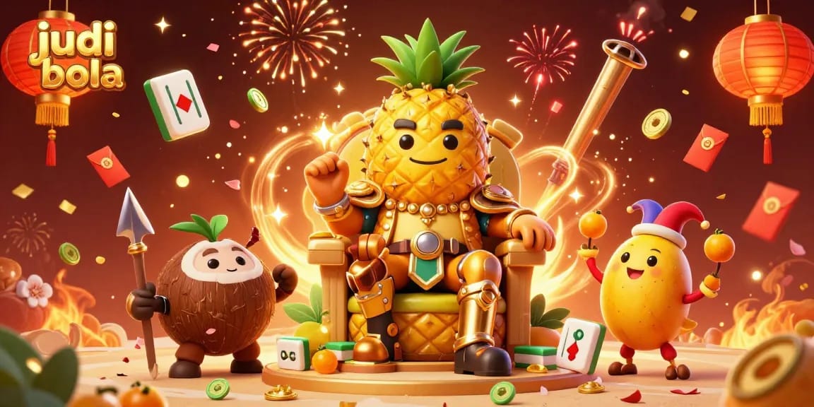 Experience judi bola excitement with cartoon characters celebrating a vibrant beach casino scene.