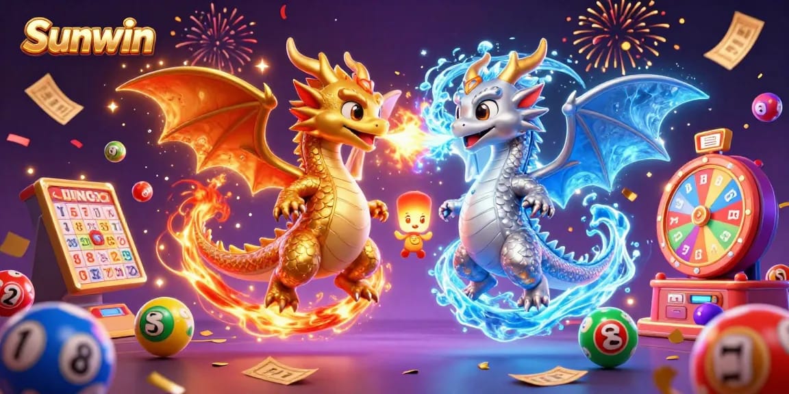 A thrilling Sunwin gaming scene featuring twin cartoon dragons and vibrant lottery elements celebrating the excitement of online gambling.