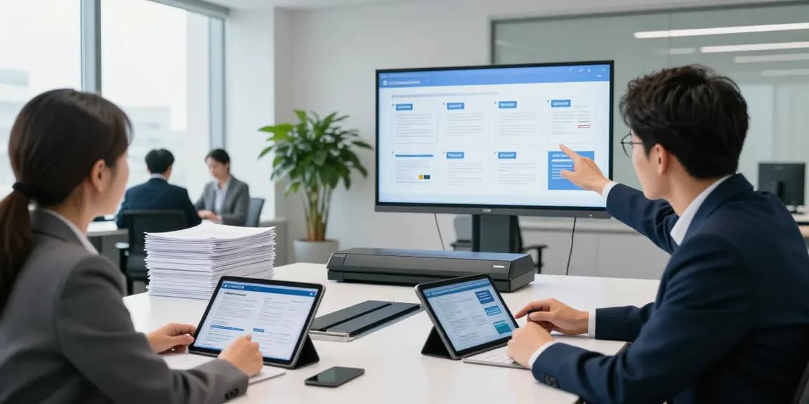 Professionals discussing document fraud detection strategies with data analytics in a modern corporate office.