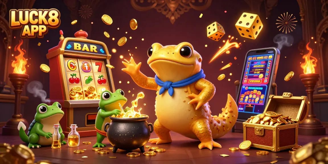 Engage with the LUCK8 APP through thrilling casino action featuring a golden salamander and vibrant game elements.