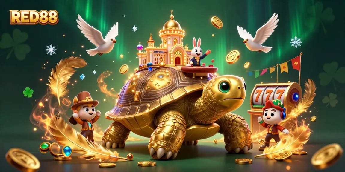 Experience thrilling action at RED88 casino with vibrant characters, slot reels, and golden coins.