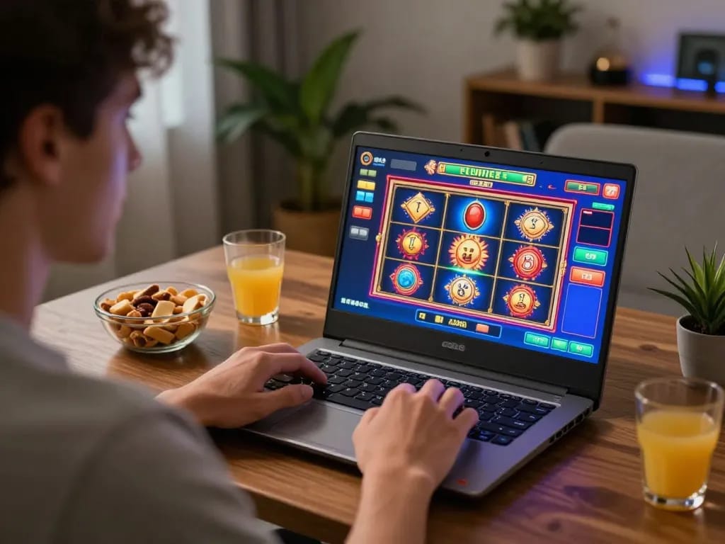 Player engaging in G28's online casino games at home with vibrant visuals