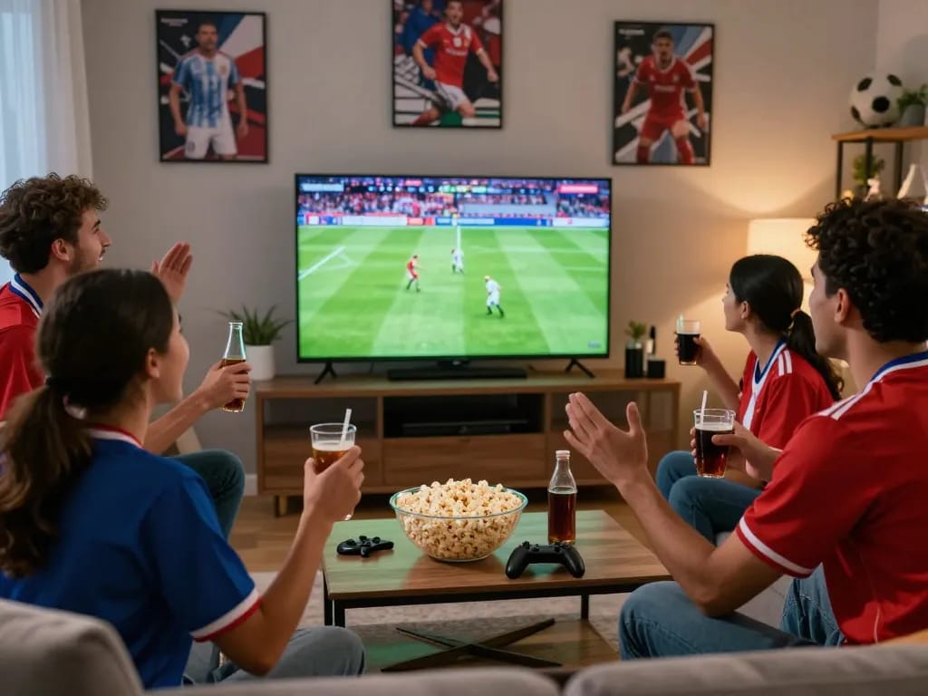 Friends enjoying a live football match on Okwintv in a cozy home setting, with snacks and drinks visible.