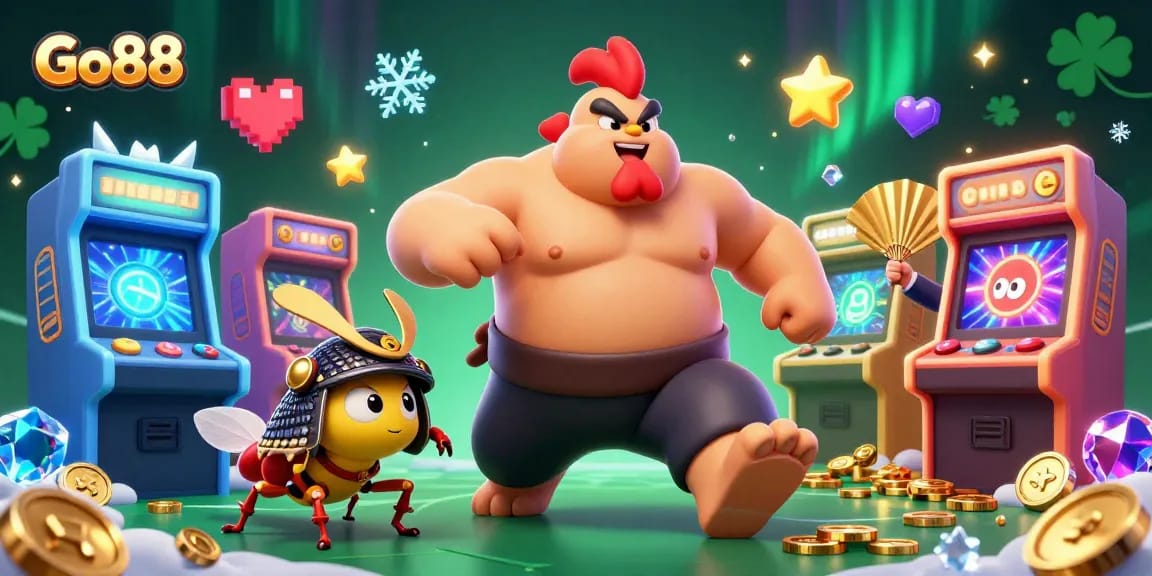 Engage with Go88’s dynamic gaming experience featuring a lively sumo rooster and samurai cricket.