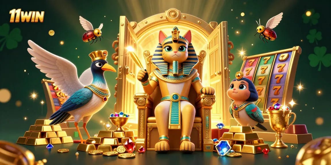 Experience excitement with 11WIN, featuring a pharaoh cat and thrilling slot elements in a vibrant casino scene.