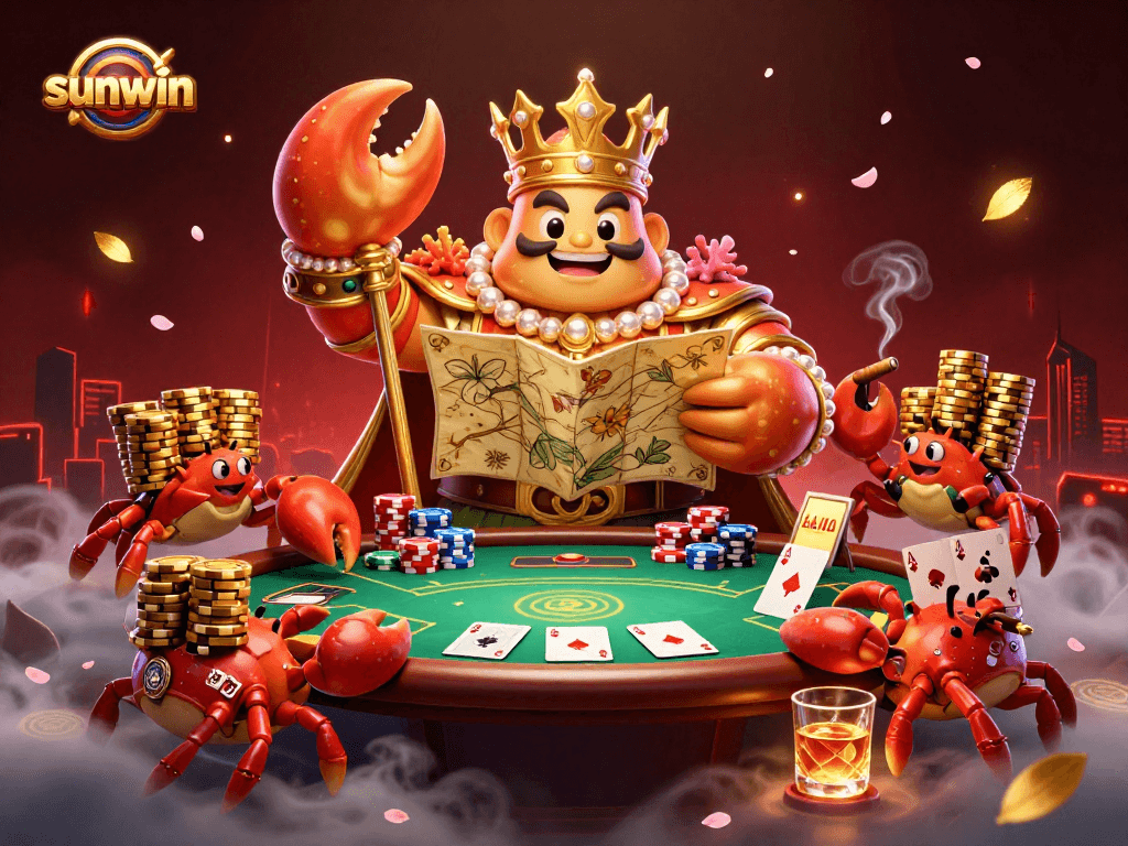 Sunwin depicts a golden crab emperor in a vibrant casino scene, radiating winning energy.