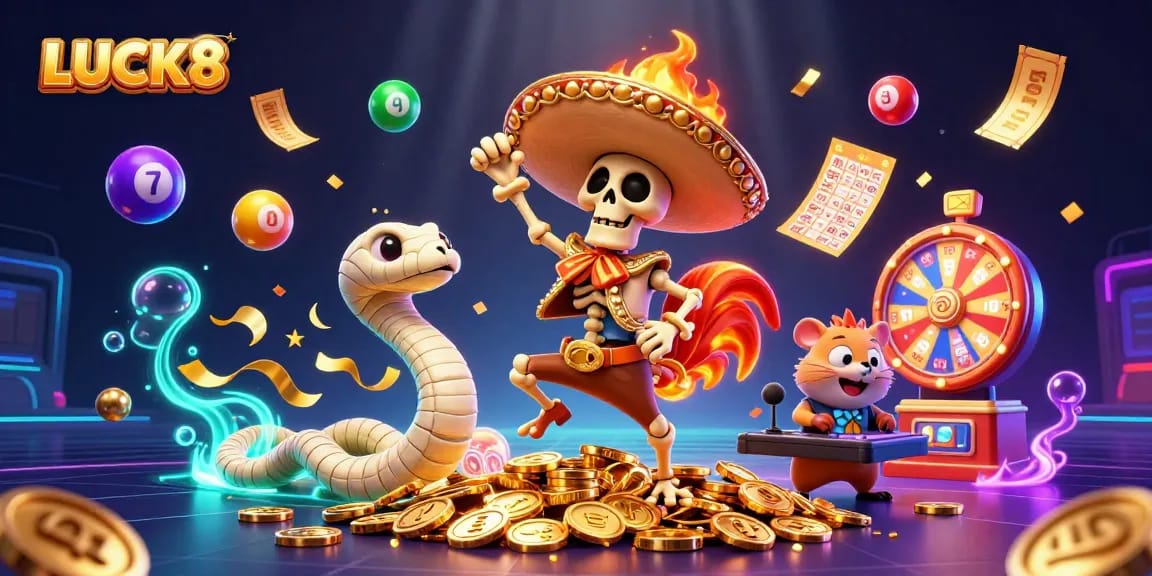LUCK8 offers thrilling jackpot excitement featuring vibrant characters in a dynamic casino scene.