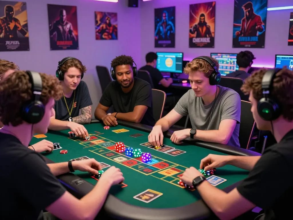 Players enjoying tài xỉu online in a vibrant gaming environment, showcasing excitement and camaraderie.