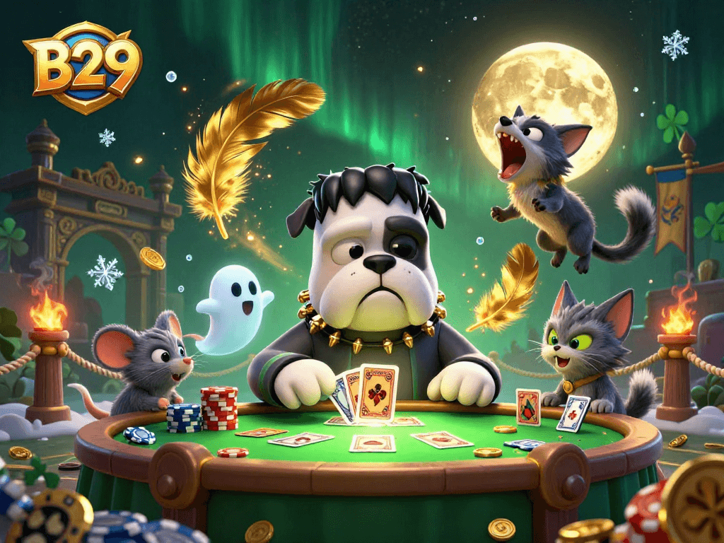 B29 offers a thrilling casino experience with vibrant games and dynamic characters at a spooky table.
