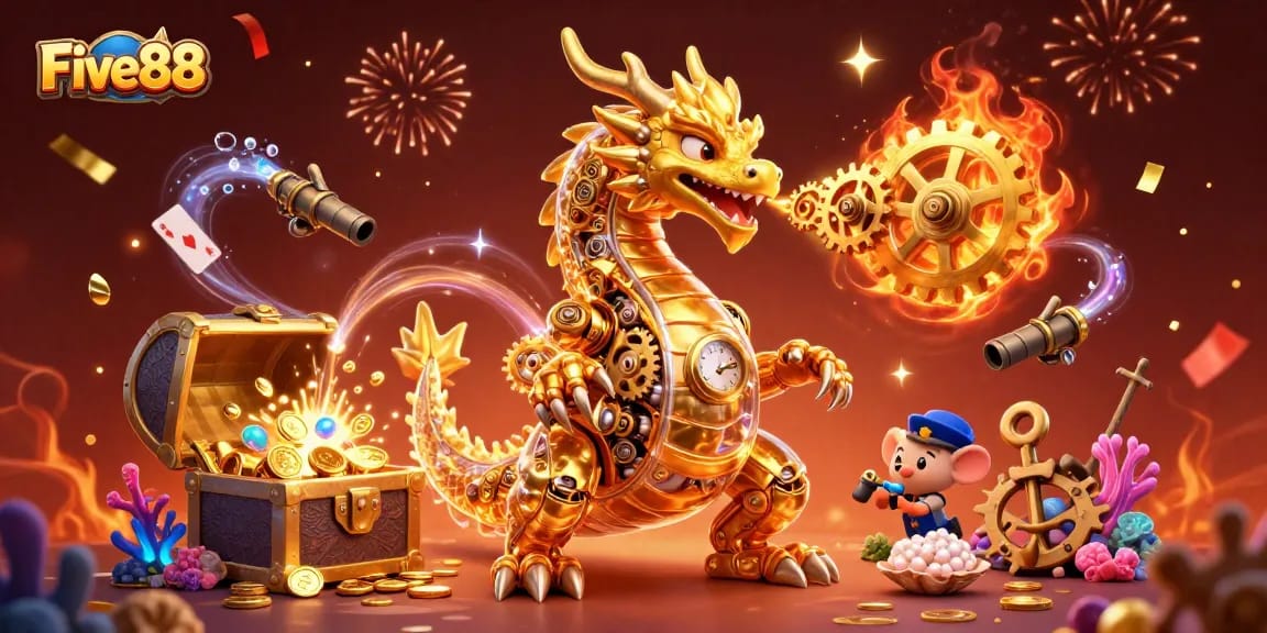 Experience thrilling wins at Five88 with a dynamic 3D casino illustration featuring a golden dragon.