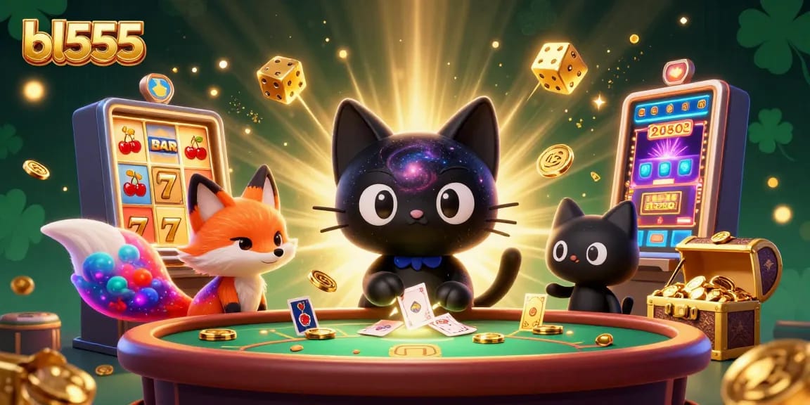 Experience thrilling wins at bl555 as a black hole cat draws in golden chips and cards at a vibrant cosmic casino.