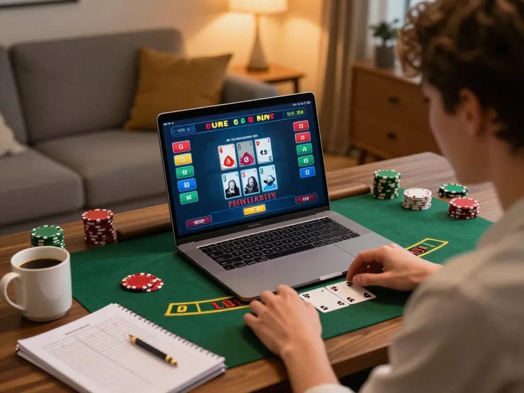 Engaging in win68 online gaming at home with a live dealer blackjack setup.