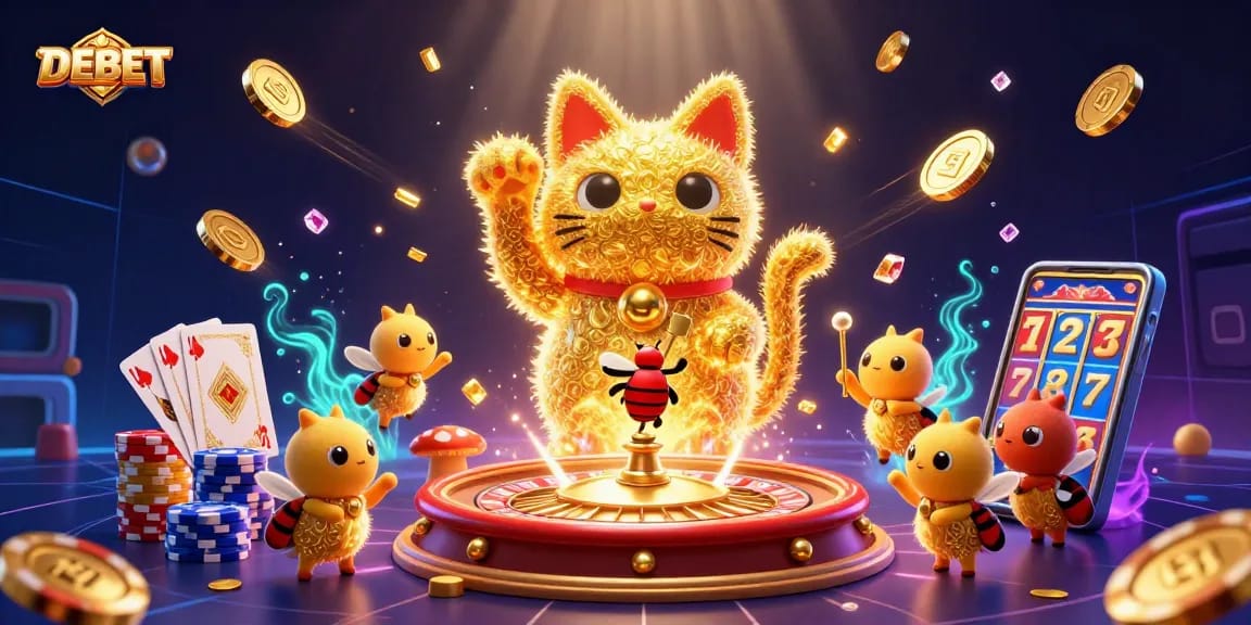 Experience winning with DEBET's vibrant casino elements and animated lucky cat illustration.