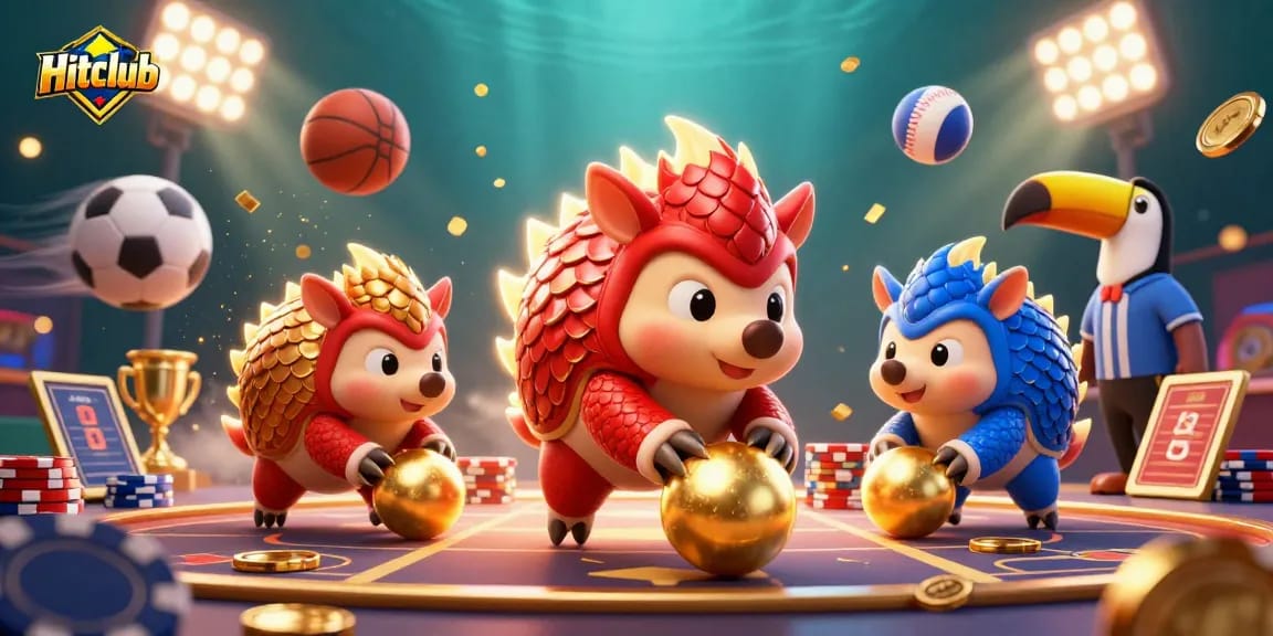 Hitclub pangolins bowling through poker chips in a vibrant casino scene filled with gold.