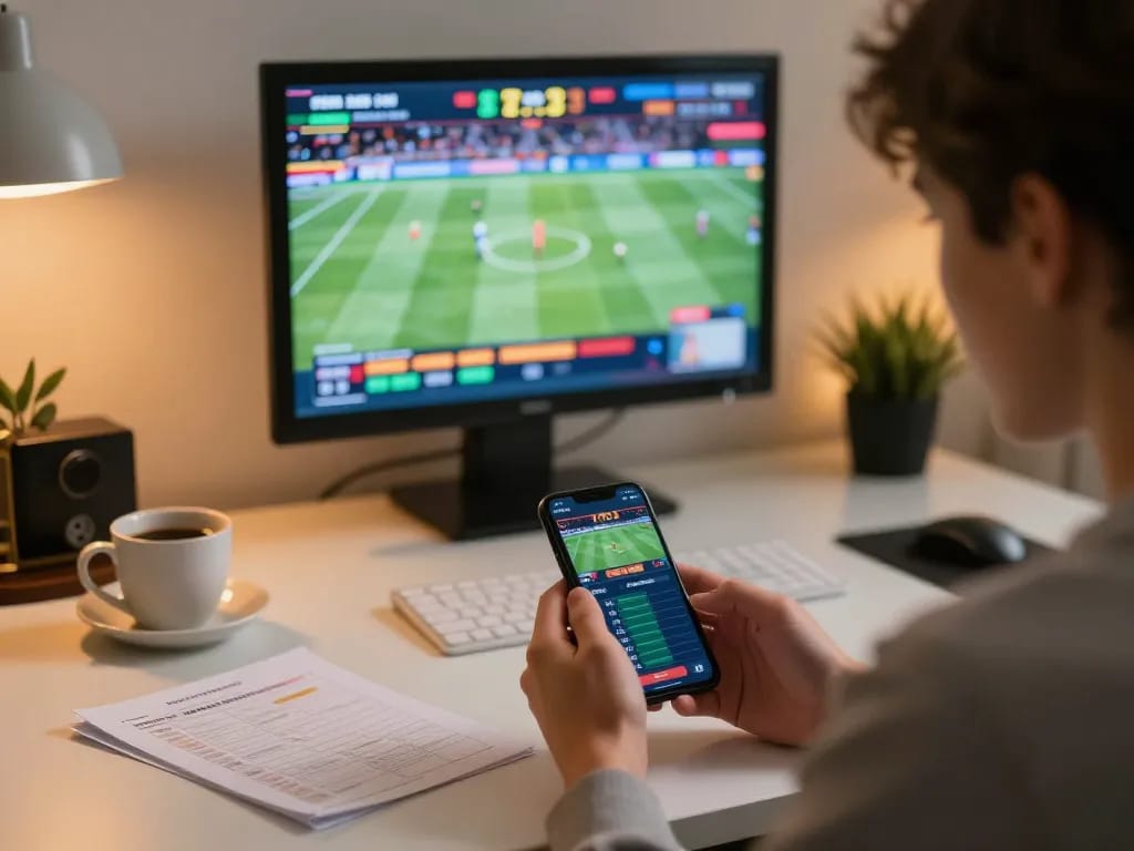 Engaged bettor placing sports bets on VK88's platform within a modern home office setting.