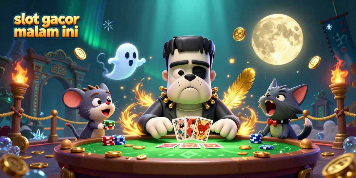 Engage in slot gacor malam ini with a vibrant illustration of a bizarre casino scene including a card-dealing bulldog.