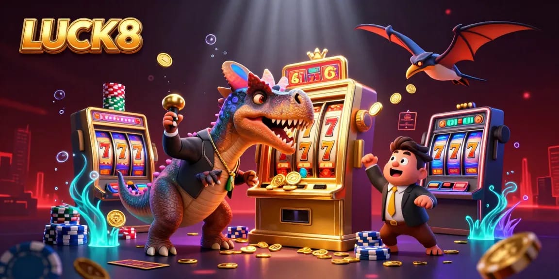 Experience LUCK8 with a dynamic casino scene of creatures winning jackpots and collecting coins