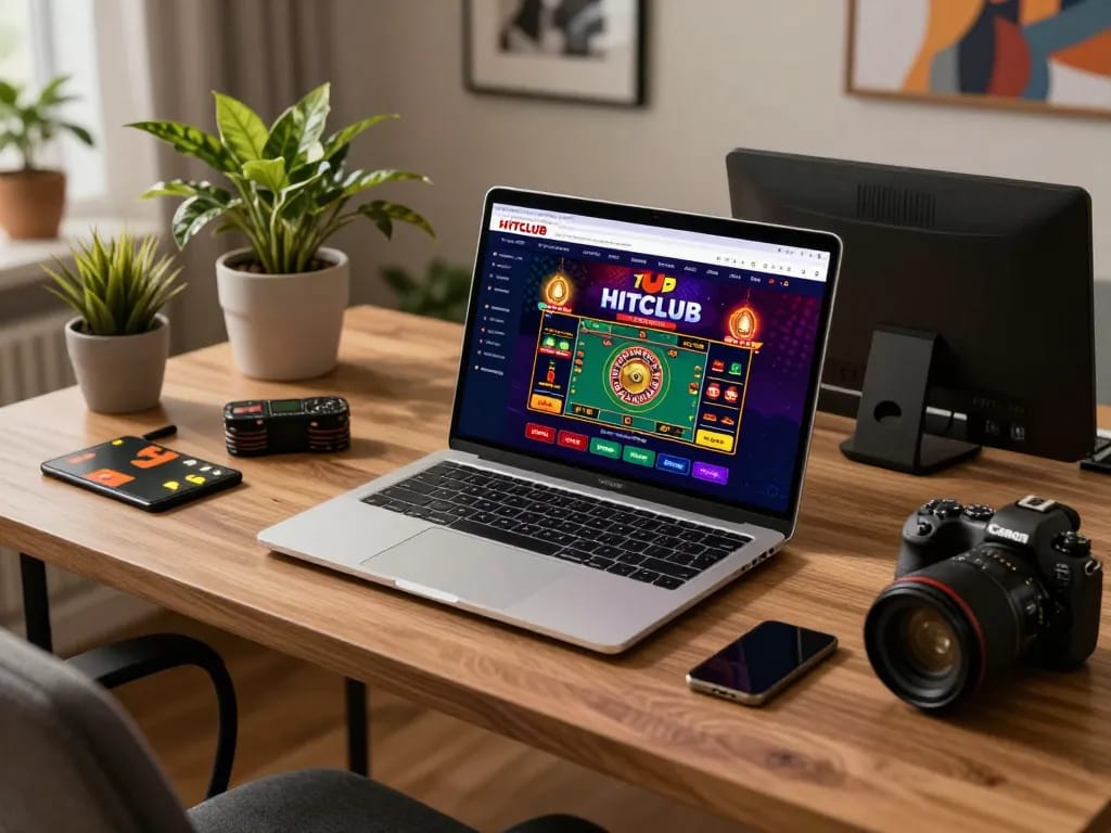 HITCLUB user engaging in exciting online gaming with laptop and organized gaming space.