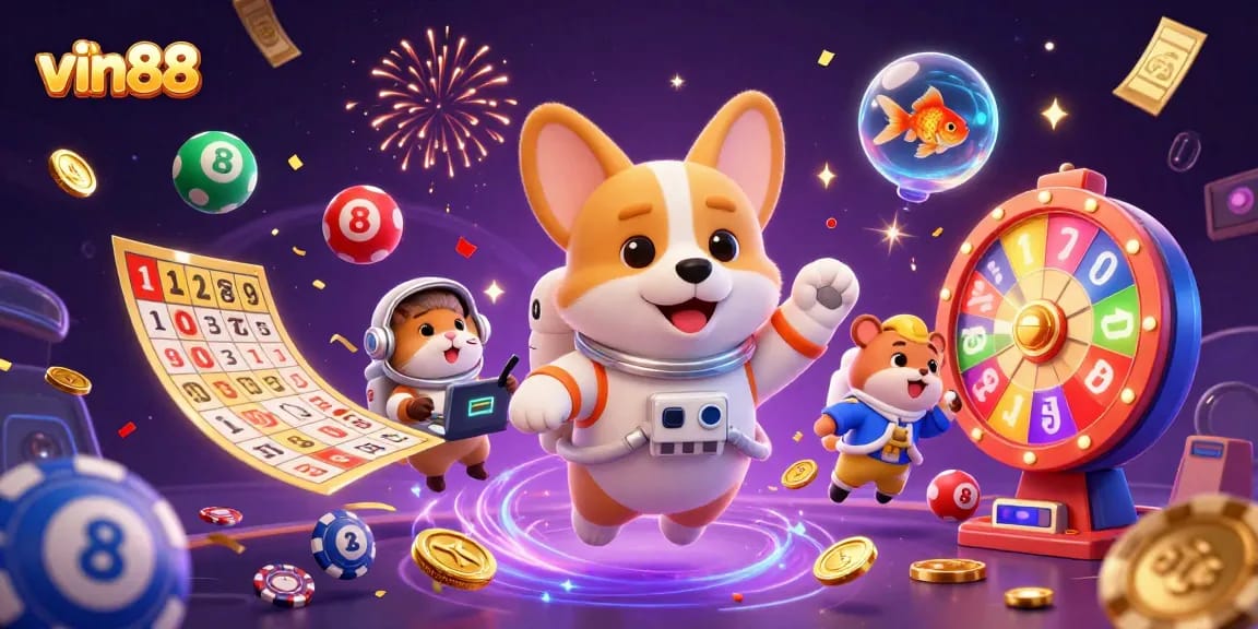 Join the excitement at vin88 as colorful lottery balls bounce amid floating casino fun!