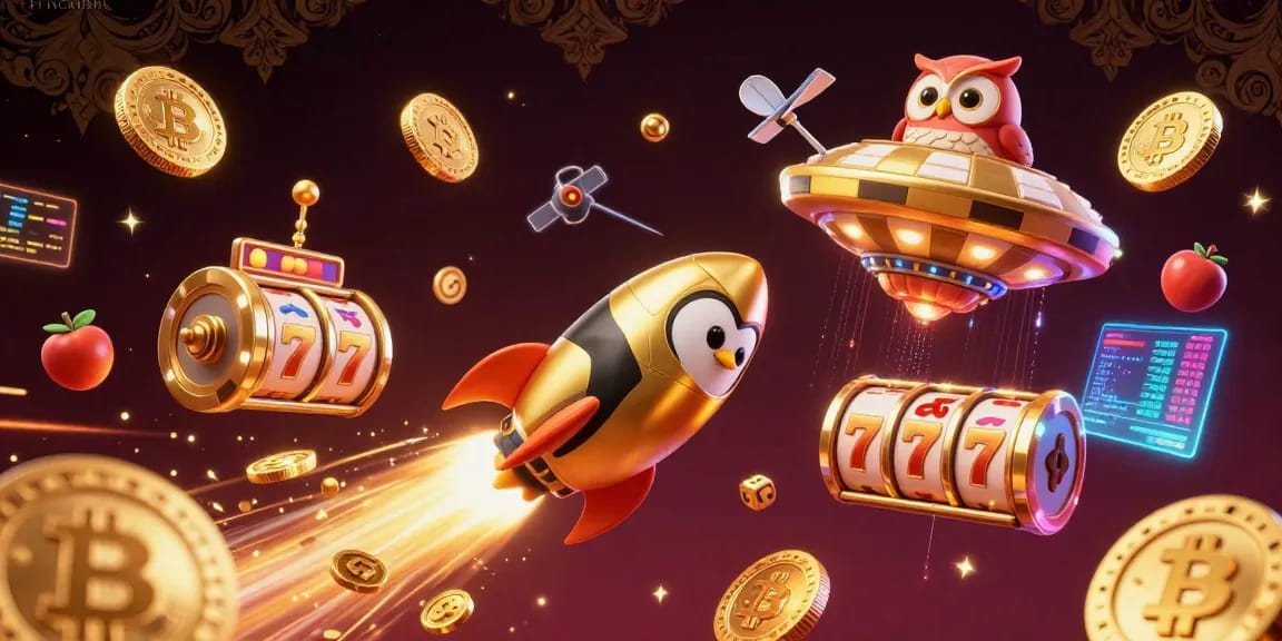 Engage with SPINCRUSH in a vibrant casino-themed 3D illustration of a penguin soaring amidst slot reels and crypto elements.