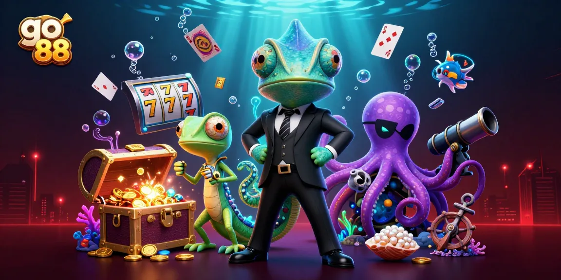 Engage with go 88 in this vibrant underwater casino scene featuring dynamic characters and exciting elements.