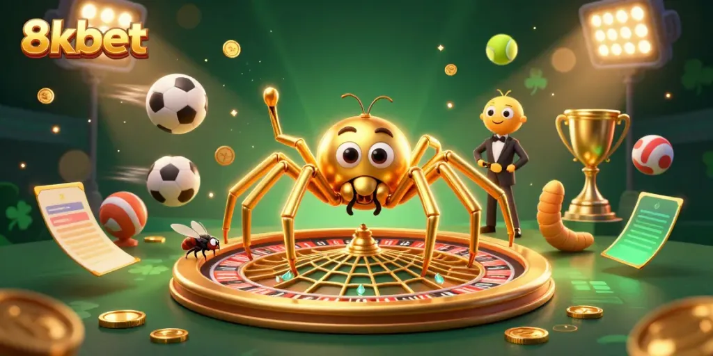 Experience thrilling bets at 8xbet with a golden spider and sports elements in an engaging casino scene.