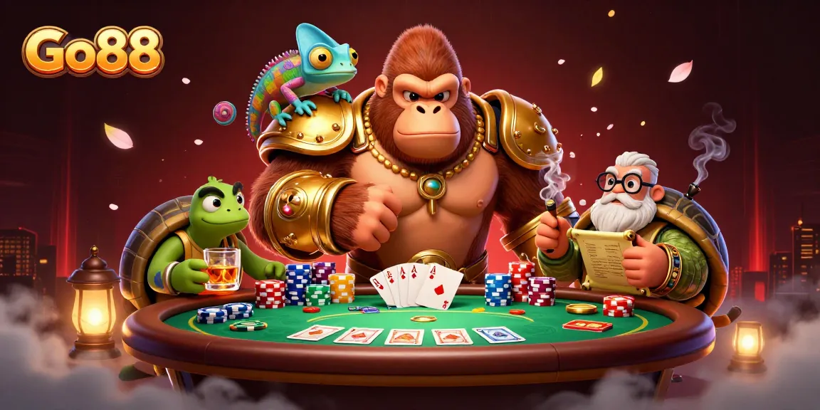 Engage with Go88's thrilling atmosphere of excitement, featuring vibrant casino elements and dynamic 3D characters.