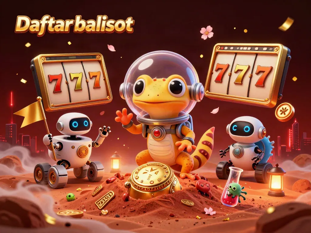 Engage with Daftar balisot in a vibrant, dynamic casino scene featuring a Martian gecko and gaming elements.