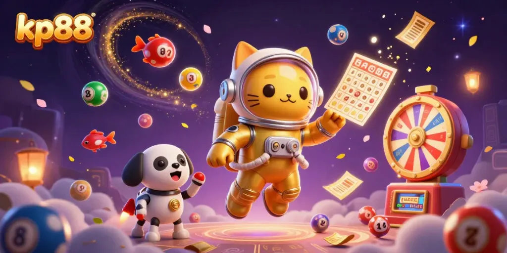 Experience the excitement of kp88 with a vibrant 3D casino scene featuring lottery elements and animated characters.