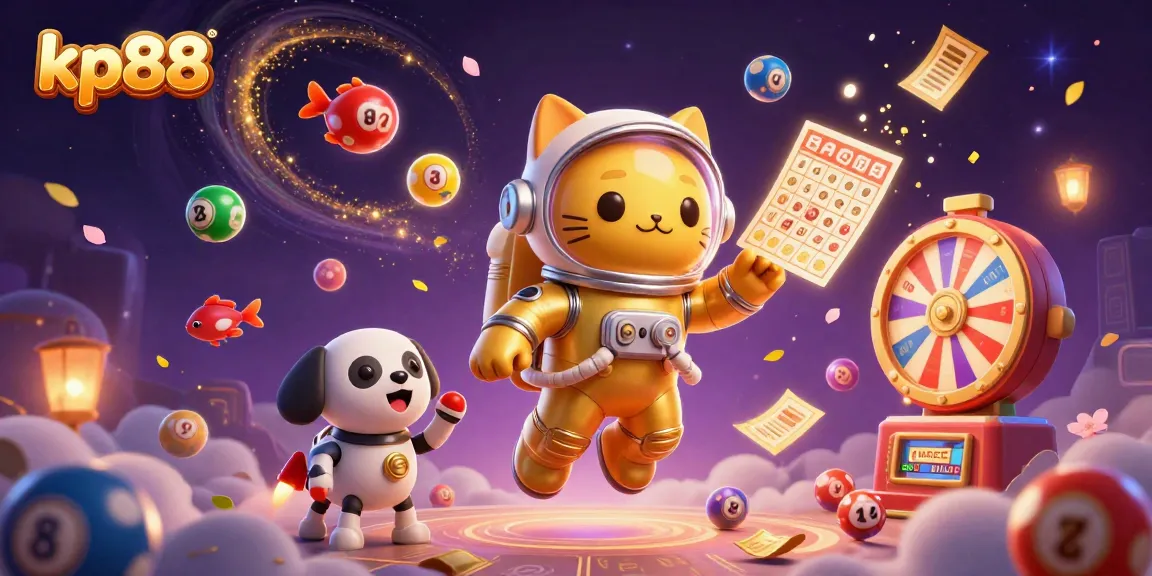 Experience the excitement of kp88 with a vibrant 3D casino scene featuring lottery elements and animated characters.