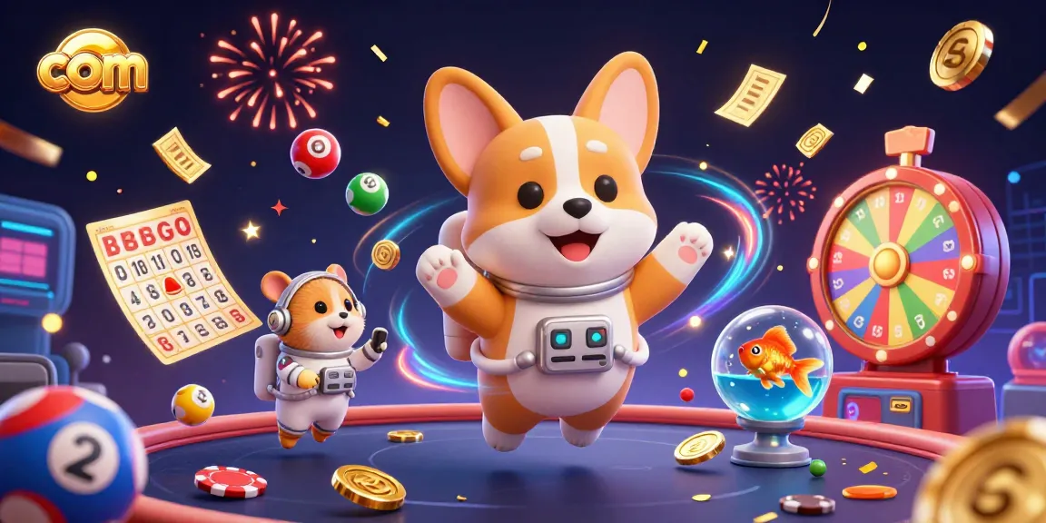Win big with com in a 3D casino scene featuring floating money and colorful game elements.