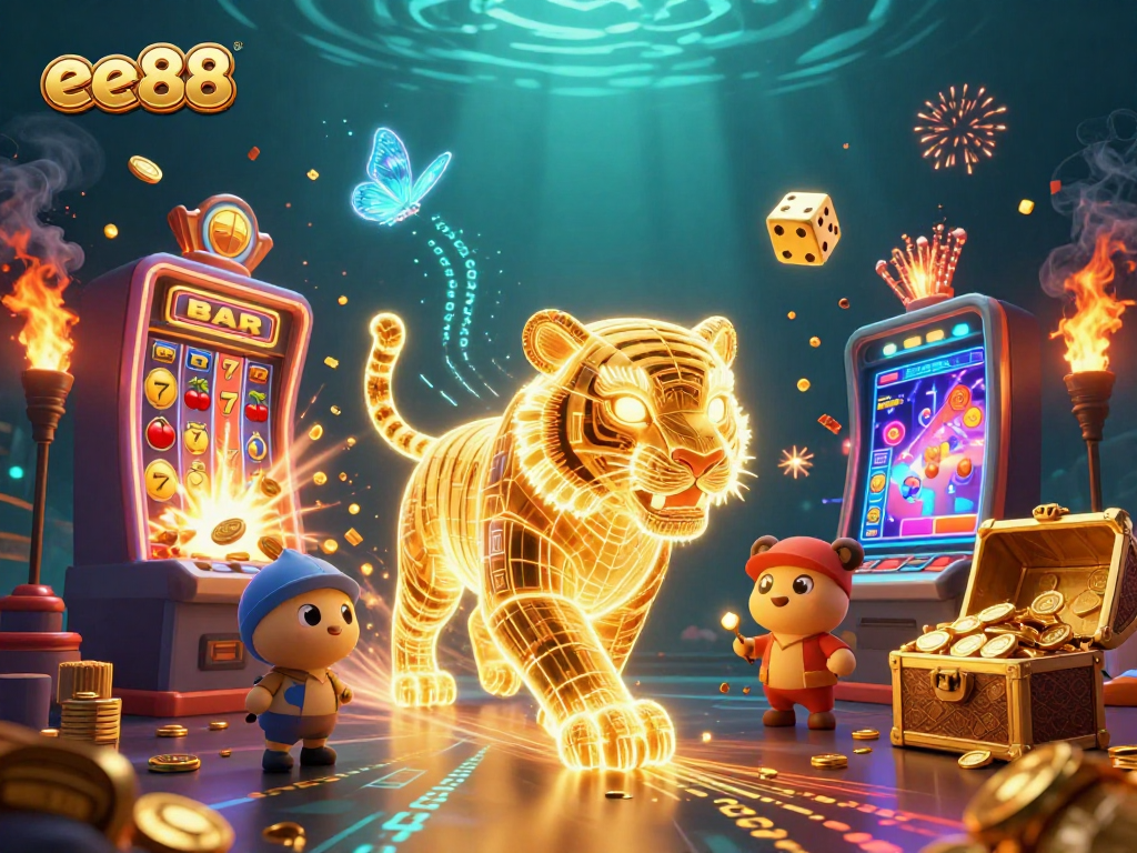 Play exciting ee88 games with a neon tiger in a vibrant casino landscape, featuring jackpots and bonus elements.