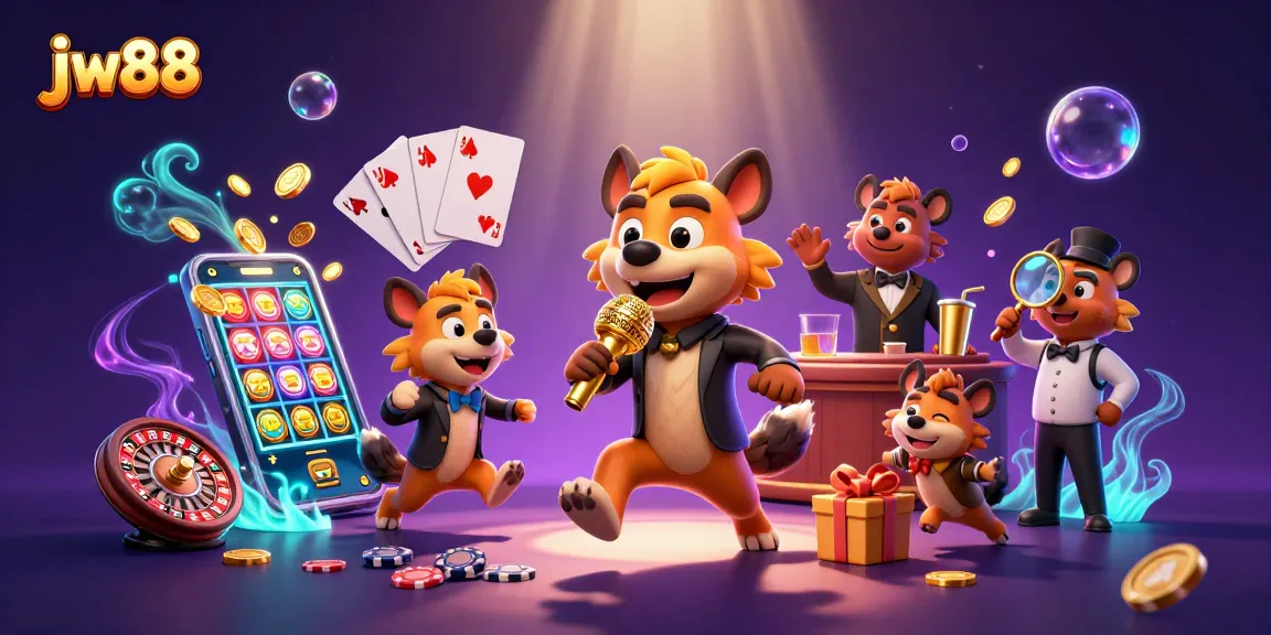 Experience thrills at JW88 with lively hyenas, casino games, and vibrant colors.