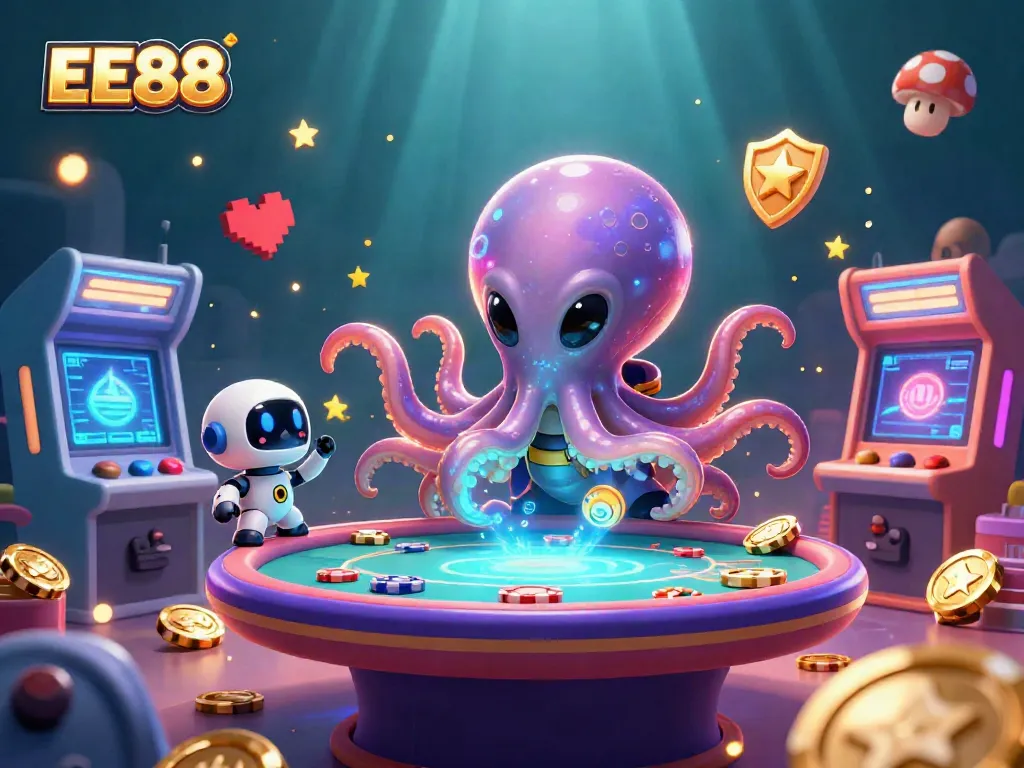 Engage in poker with EE88 in this vibrant 3D casino scene featuring an alien octopus and colorful game elements.