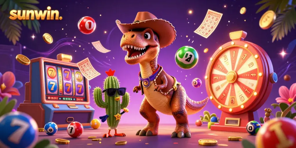 Experience the thrill of sunwin with a dynamic casino-themed illustration featuring a T-Rex, cactus, and roadrunner.