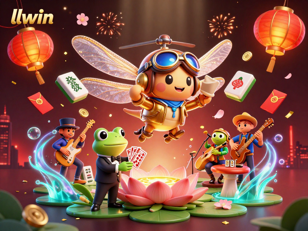 Engage with llwin's immersive gaming scene featuring a dragonfly pilot, frog croupier, and jazz musicians.