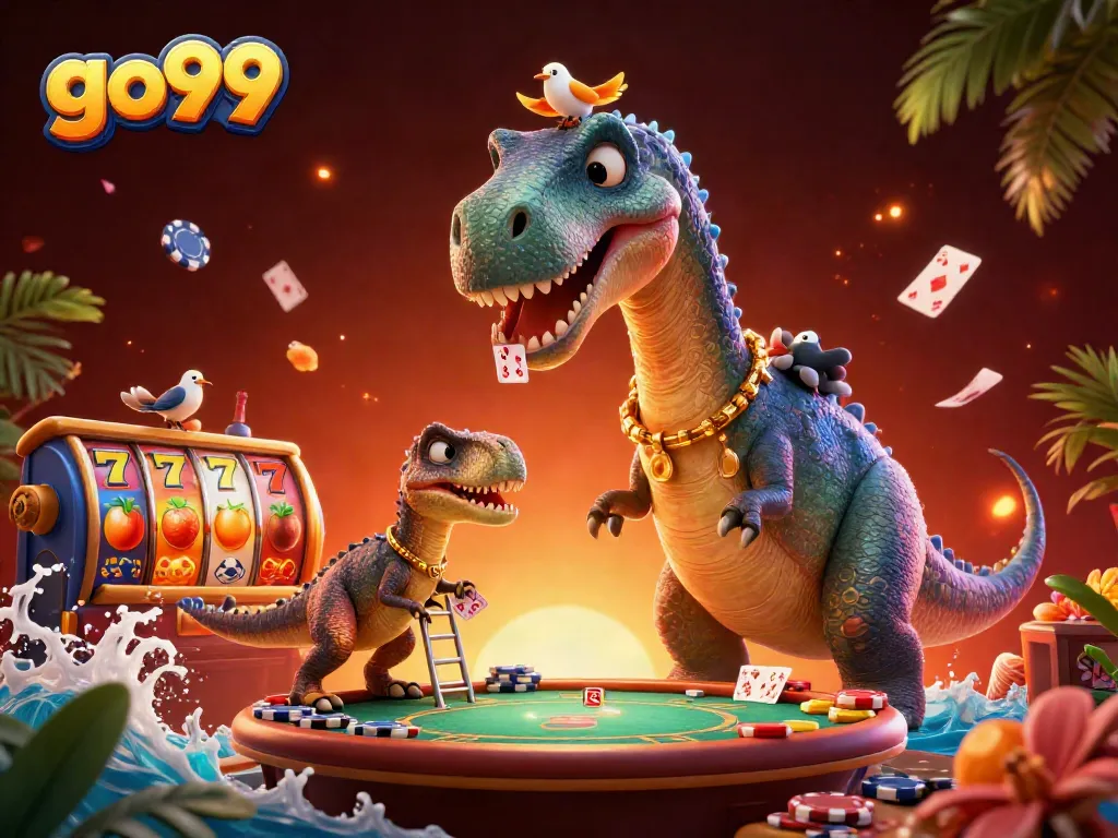 Experience thrilling casino action with go99 featuring animated brontosaurus and raptor dealing cards.
