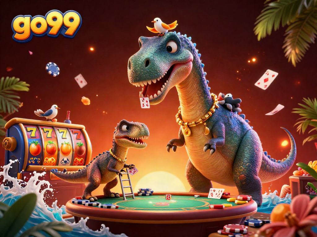 Experience thrilling casino action with go99 featuring animated brontosaurus and raptor dealing cards.