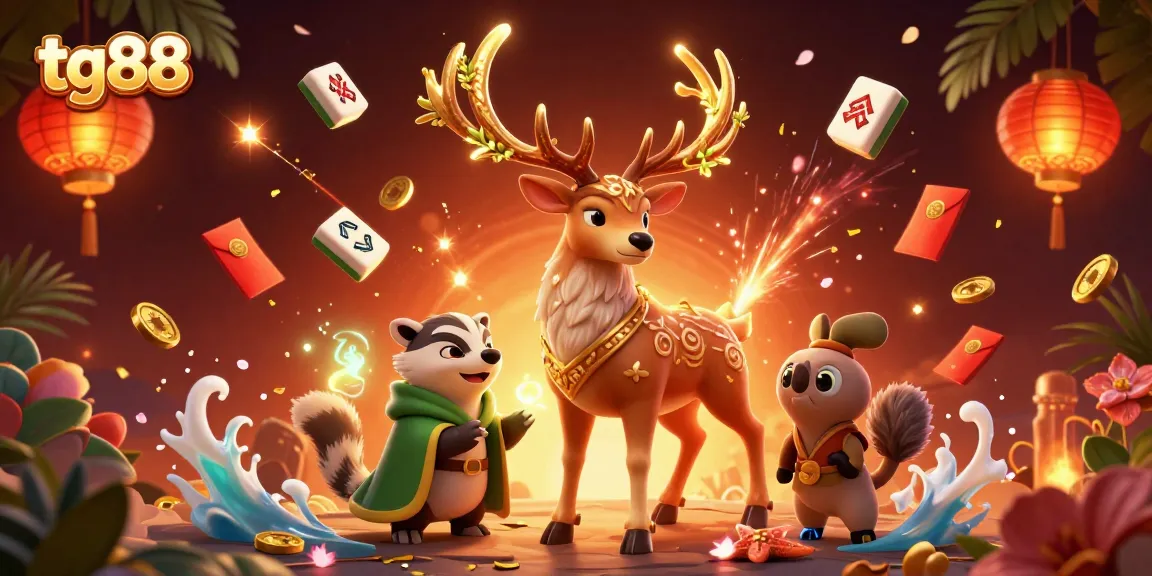 Experience the thrilling world of tg88 with vibrant casino imagery featuring a druid stag, badger, and floating mahjong tiles.
