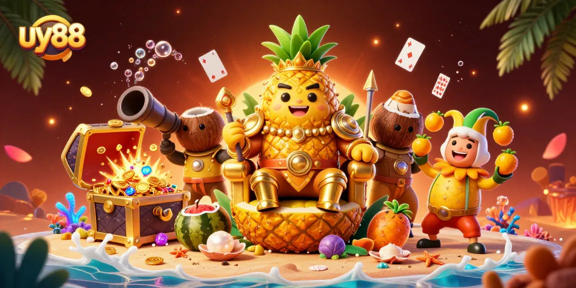 Engage with uy88's vibrant casino experience featuring a playful golden pineapple king amidst treasure and lively elements.