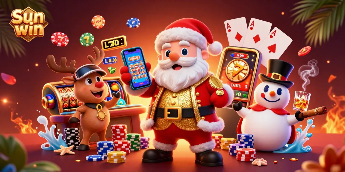 Spin the reels at Sun win with Santa and friends in a vibrant casino scene.