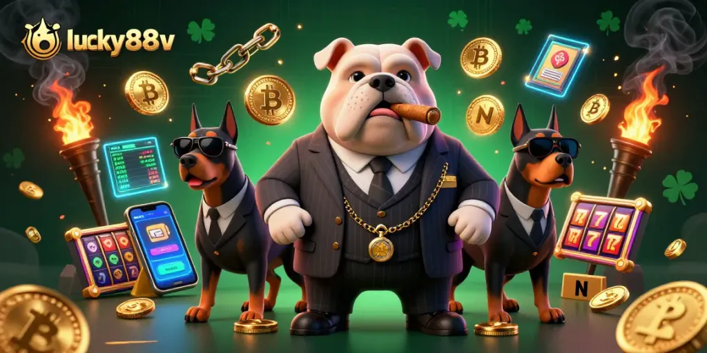 Experience the thrilling gambling scene with lucky88v, featuring a mafia bulldog and guarding Dobermans in a casino backdrop.