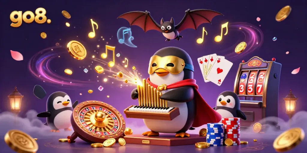 Experience thrilling casino action with the go8. penguin playing a pipe organ, releasing golden coins and vibrant game elements.