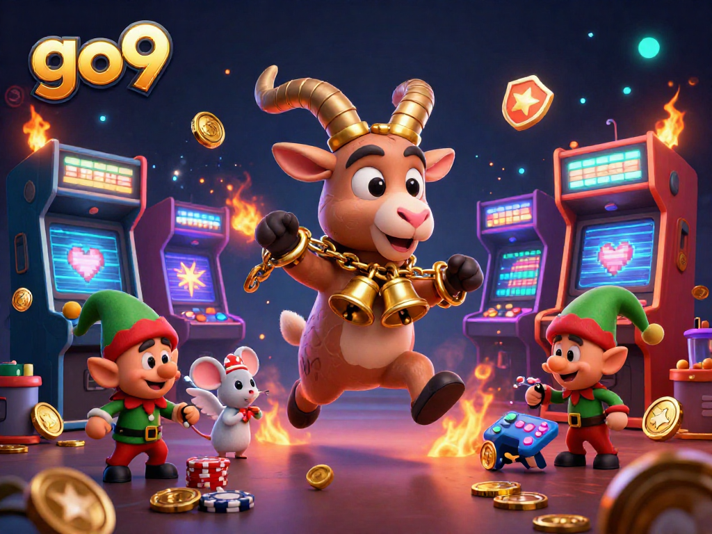 Bet on go9 with the Krampus goat at a chaotic casino, featuring playful gremlins stealing chips.