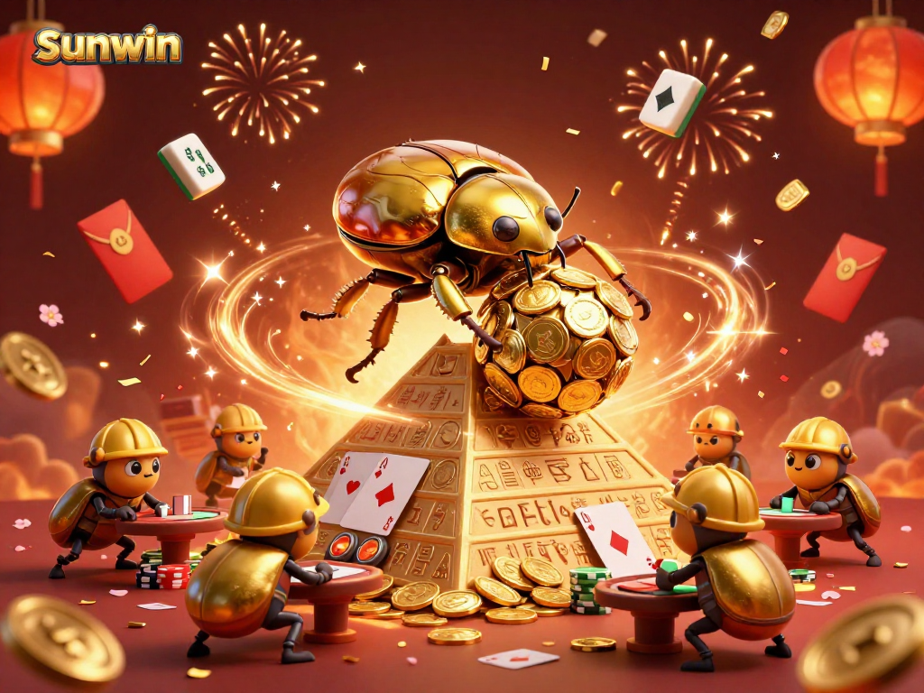 Experience the excitement of sunwin with golden beetles, cards, and festive decorations.