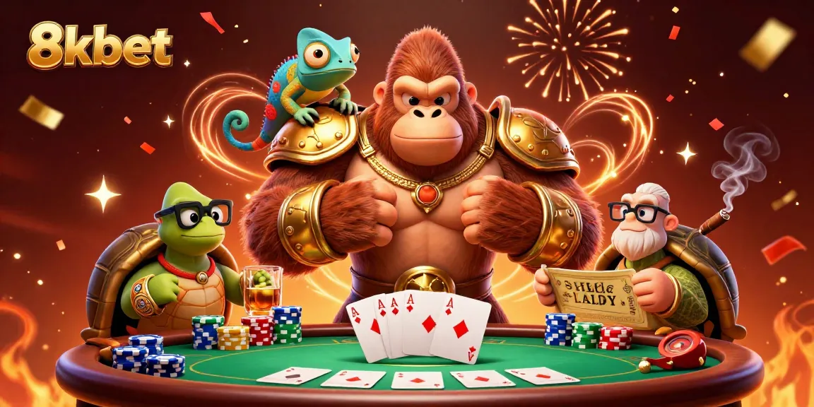 8xbet gorilla king and wise tortoise celebrate at a vibrant poker table with impressive chips.