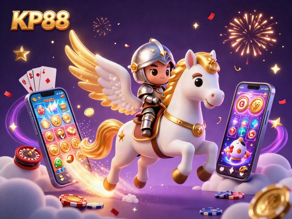 Experience KP88 with a vibrant 3D casino scene showcasing interactive slot games and a captivating knight.