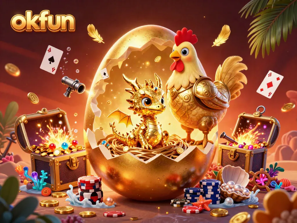 Experience the excitement of okfun with a vibrant 3D illustration featuring a golden dragon and scattered poker chips.