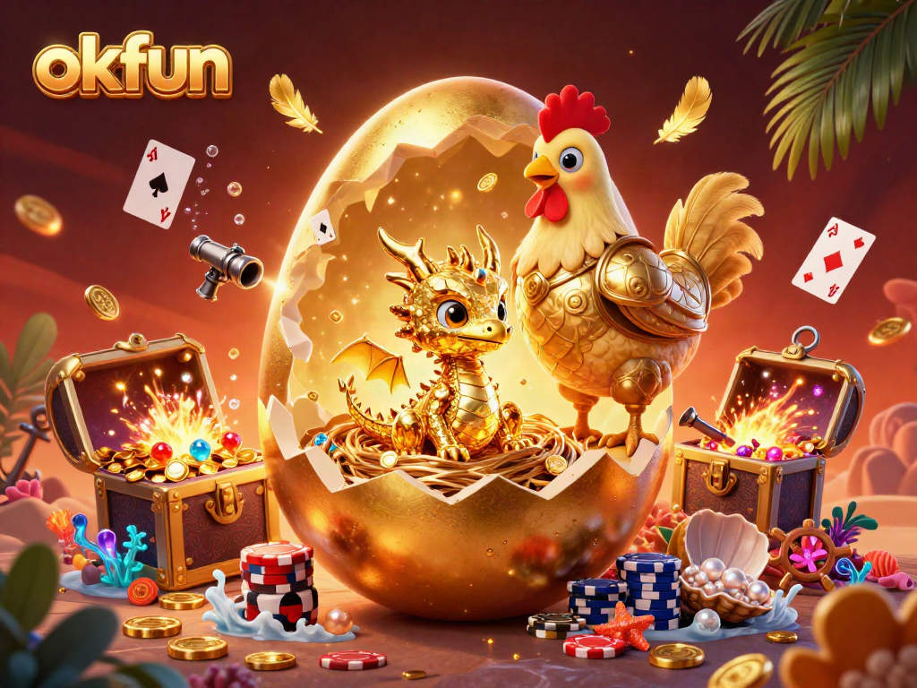 Experience the excitement of okfun with a vibrant 3D illustration featuring a golden dragon and scattered poker chips.